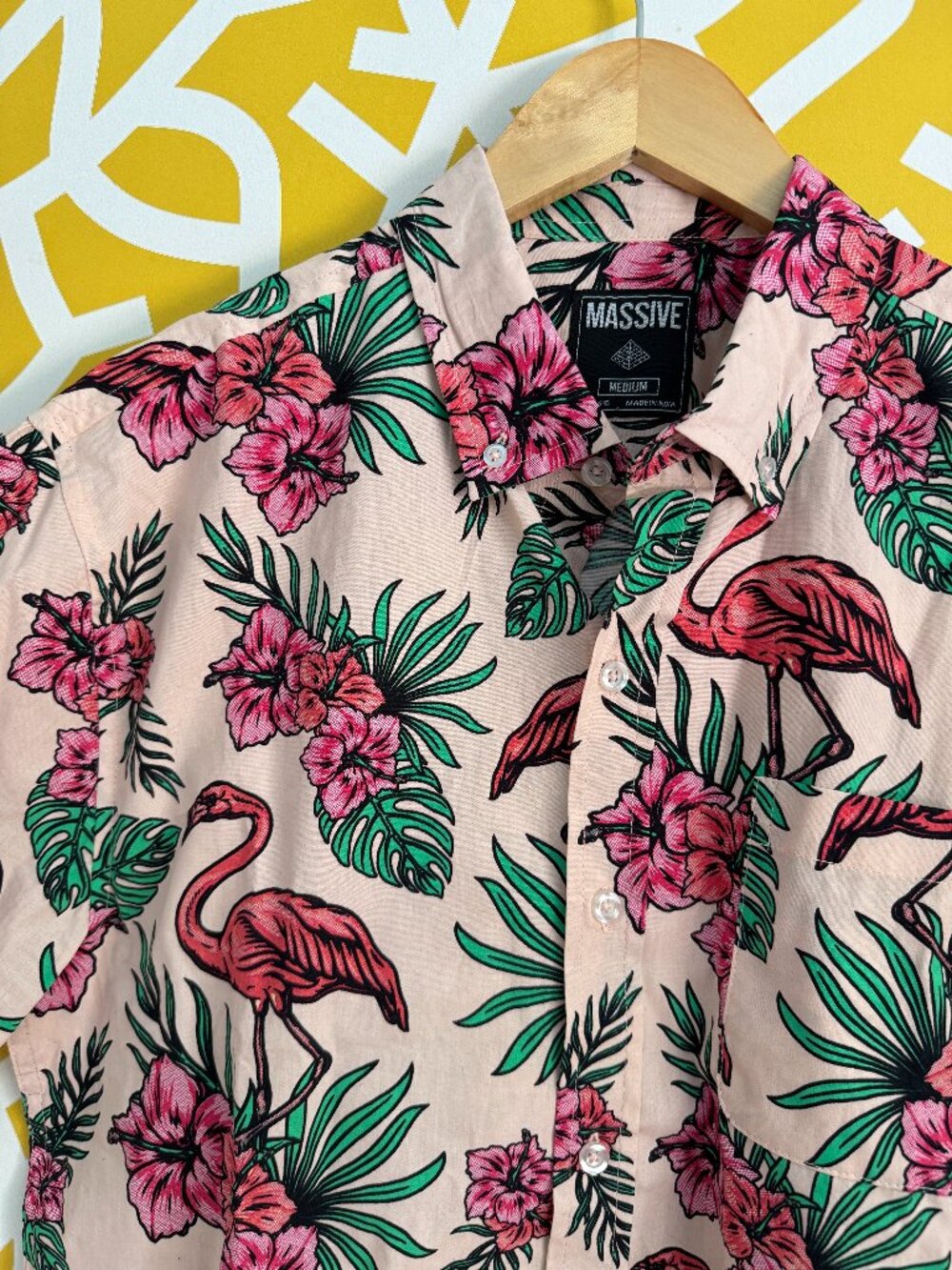 Men's Pink Green Tropical Floral Short Sleeve Flamingo Cotton Shirt - Medium